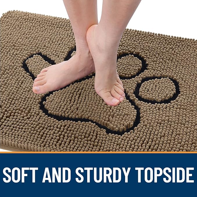 OLANLY Dog Door Mat for Muddy Paws 59x35, Paw Print Design, Absorbs Moisture and Dirt, Absorbent Non-Slip Washable Doormat, Quick Dry Chenille Mud Mat for Dogs, Entry Indoor Entryway Carpet, Tan