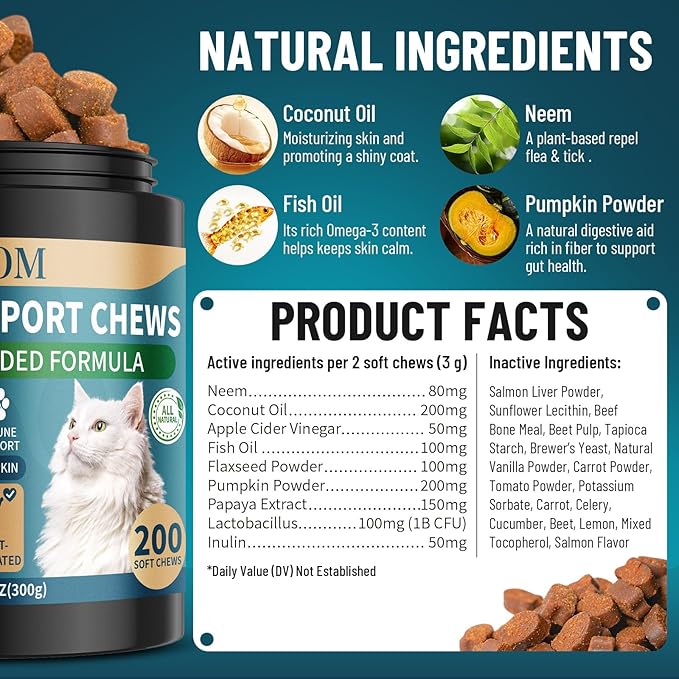 Flea and Tick Prevention for Cats Chewable, 200 Treats Natural Cat Flea Treatment, Skin & Digestive Support Oral Supplement Chew Flea and Tick Treatment for Cat Kitten All Breeds & Ages, Salmon Flavor
