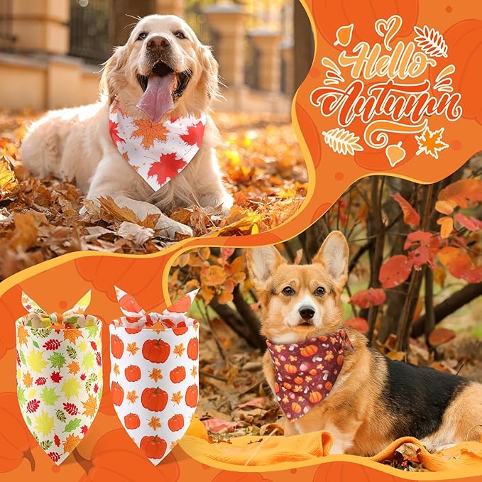 Sweetude 100 Pieces Fall Dog Bandanas Bulk,Thanksgiving Bandanas for Dogs Pumpkin Maple Leaves Pattern Puppy Triangle Scarf Bibs for Medium Small Pet Autumn Costume Accessories(31.5 x 21.65 x 21.65)