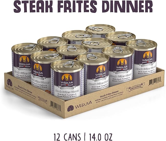 Weruva Classic Dog Food, Steak Frites with Beef, Pumpkin & Sweet Potato in Gravy, 14oz Can (Pack of 12)