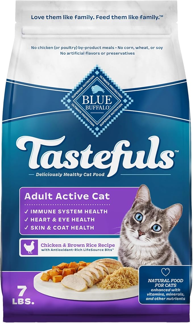 Blue Buffalo Tastefuls Natural Dry Food for Active Adult Cats, Chicken and Brown Rice Recipe, 7-lb. Bag