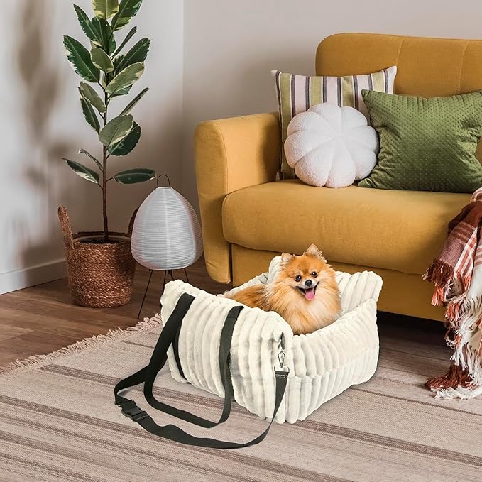 Dog Car Booster Seat, for Small Dogs Under 30 lbs, Detachable Washable Travel Bed with Storage Pockets and Safety Belt (Beige, Medium)