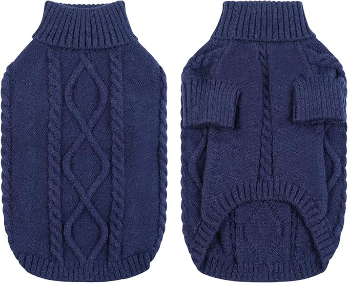 Queenmore Small Dog Pullover Sweater, Cold Weather Cable Knitwear, Classic Turtleneck Thick Warm Clothes for Chihuahua, Bulldog, Dachshund, Pug (Dark Navy, Small)