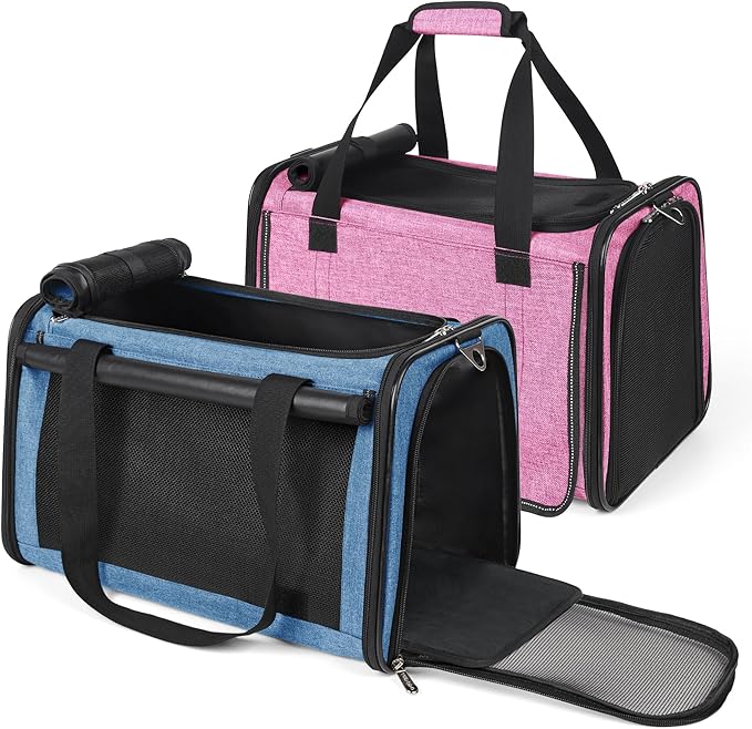 YUDODO 2 Packs 25 lbs Lightproof Soft Sided Pet Carrier for Large Cat & Small Dog Airline Approved Travel Bag Puppy Carriers with Side Pockets & Reflective Mesh, Foldable Portable Pink+Lake Blue