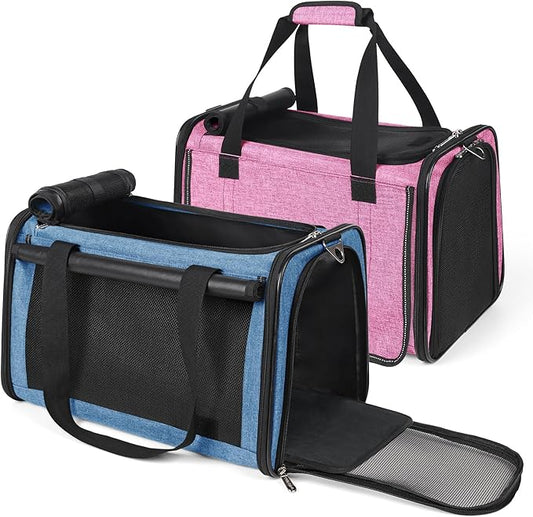 YUDODO 2 Packs 25 lbs Lightproof Soft Sided Pet Carrier for Large Cat & Small Dog Airline Approved Travel Bag Puppy Carriers with Side Pockets & Reflective Mesh, Foldable Portable Pink+Lake Blue