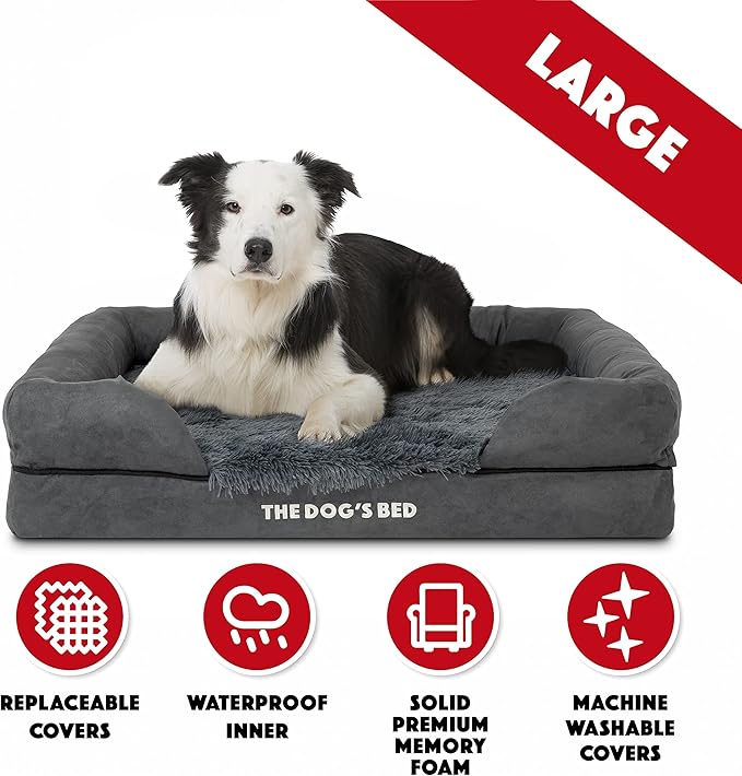 The Dog’s Bed, Large Grey Fur, Memory Foam, Pain Relief: Arthritis, Hip & Elbow Dysplasia, Post Surgery, Lameness, Supportive, Calming, Waterproof Washable Cover