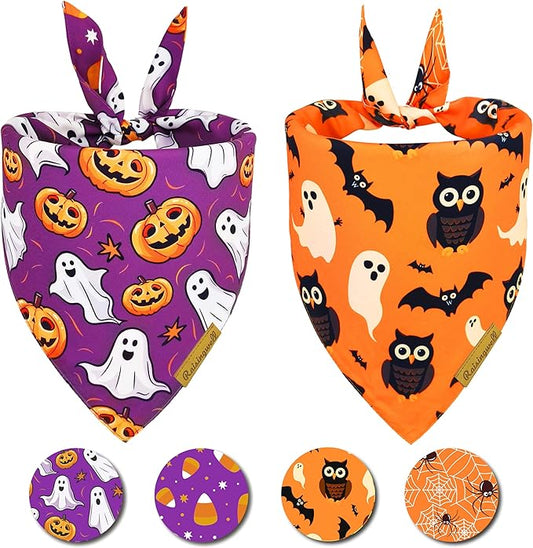 Halloween Dog Bandanas 2 Pack 4 Pattern Ghost Spider PumpkinCandle Bibs Reversible Washable Durable Fall Scarf Suitable for Small and Medium Breed Dog Boy and Girl