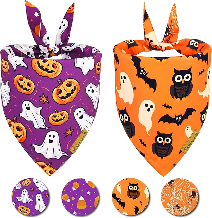 Halloween Dog Bandanas 2 Pack 4 Pattern Ghost Spider PumpkinCandle Bibs Reversible Washable Durable Fall Scarf Suitable for X-Large Breed Dog Boy and Girl
