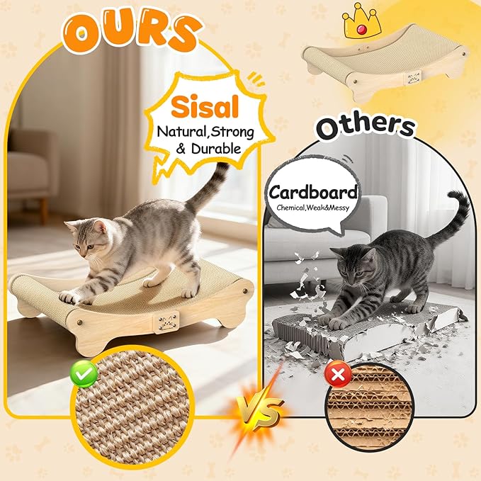 Cat Scratcher Bed Hammock Indoor: 2-in-1 Cat Scraching Board with Natural Sisal Wood, Scratch Pad Cats Lounger for Scratching & Sleeping - Furniture Protector for Bedroom and Living Room (24x16x5.5in)
