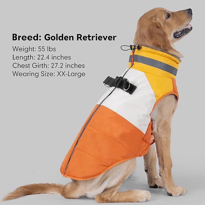 azuza Dog Jacket for Medium Dogs Waterproof Dog Coat with Reflective Strips and Harness Built in Warm Fleece Dogs Winter Coat Windproof with Back Zipper, Orange 2XL
