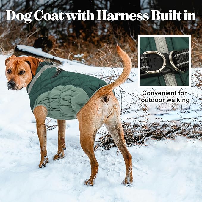 Lelepet Warm Dog Winter Coat Dog Coats for Large Dogs Waterproof Dogs Jacket with Harness Built in Reflective Cold Weather Coats Windproof Zip-Up Winter Fleece Vest Snowsuit Pitbull Teal Green XXL