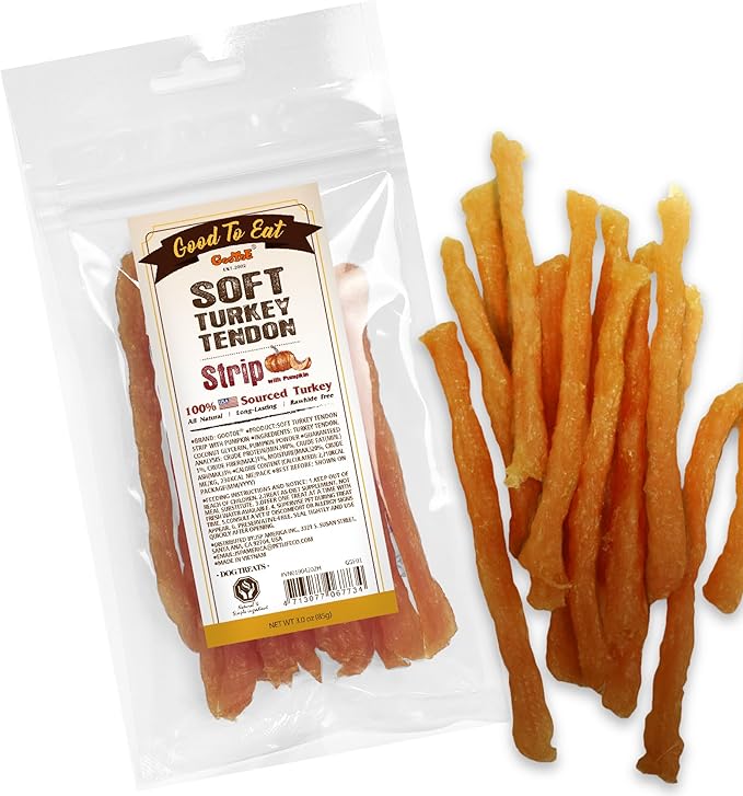 Gootoe Soft Turkey Tendon Stirip with Pumpkin 3oz, Chewy Snack, USA-Sourced Turkey Tendon, Premium Training Chews, Hypoallergenic, Reseal Value Bags, Ideal for Small & Senior Dogs