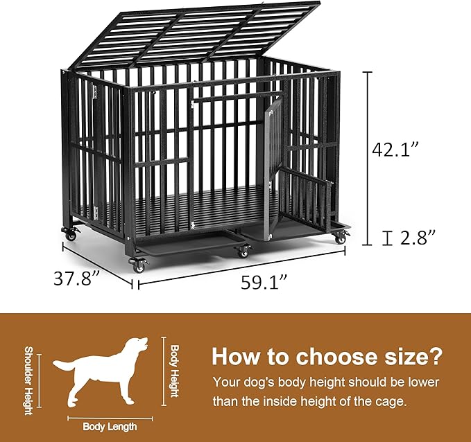 Polar Aurora Heavy Duty Dog Crate, Foldable Indestructible Dog Kennel, Escape Proof Extra Large Dog Cage with Lockable Wheels, High Anxiety Pet Playpen with Double Door for Indoor/Outdoor Use. (60in)