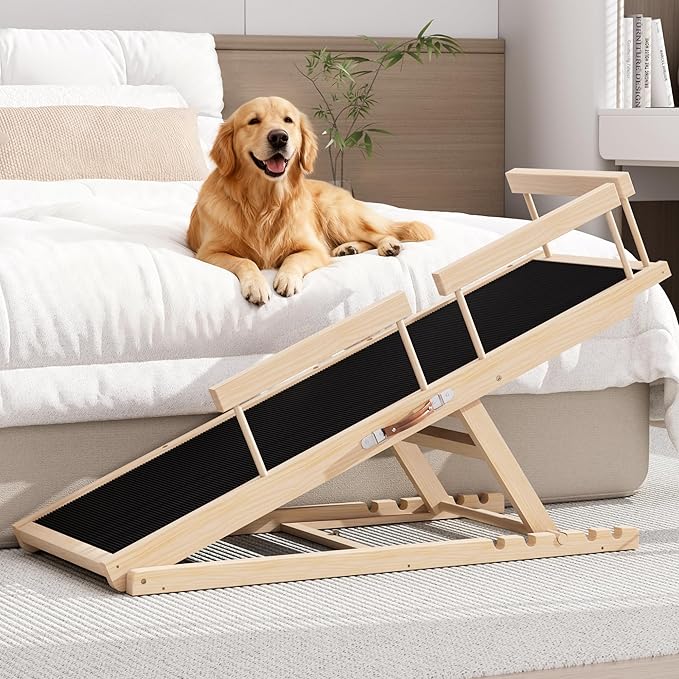 Dog Ramp for High Bed, Couch, Car, Pet Ramps 55.12" Long Adjustable 19.3"-27.17" Wooden Dog Step with Anti-slip Rubber Mat & Safety Side Rails for Small Medium Large Older Pets, up to 250 lbs