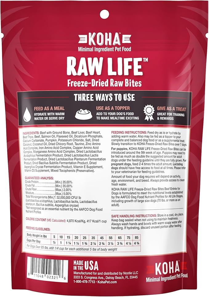 KOHA Raw Life Freeze-Dried Raw Bites Beef for Dogs, High Protein Meal, Topper, and Treat for Picky Eaters, 14oz Bag