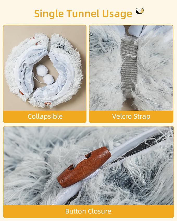 34'' Tall Cat Scratching Post with Tunnel Bed for Indoor Adults, Large Donut Tunnel, Fluffy Plush Peekaboo Cat Cave, Multifunctional Playground for All Cats