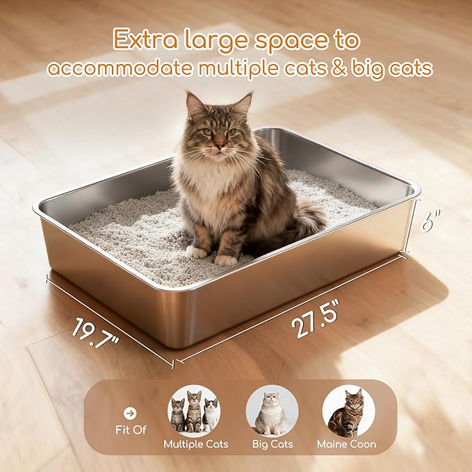 Soulbond Stainless Steel Litter Box, Extra Large Metal Litterbox for Big Cat and Multi-Cats Families, Non-Stick, Easy to Clean
