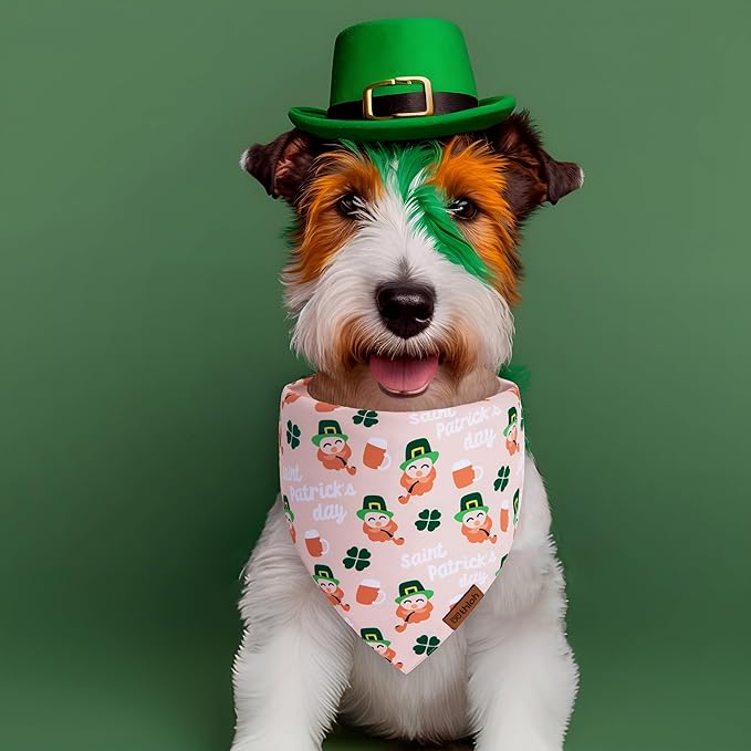 St. Patrick's Day Dog Bandana - 2 Pack Triangle Shamrock Dog Bandanas for Boys & Girls, Reversible Leprechaun Pet Scarf, Premium Durable Fabric, Holiday Bandana for Medium and Large Dogs (Large)