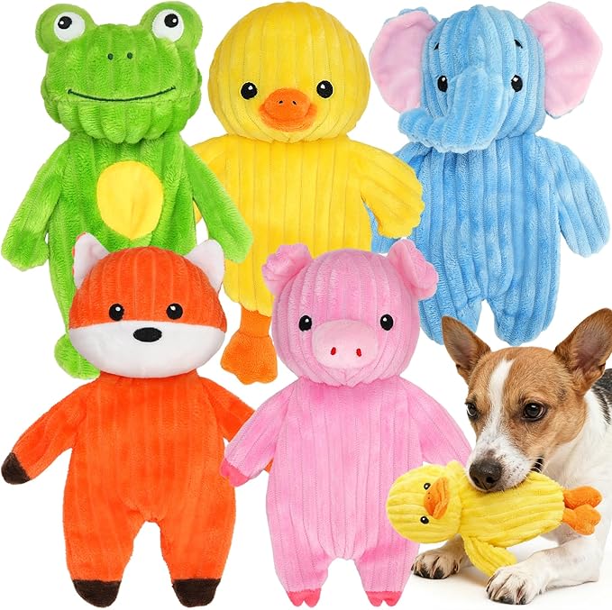 Prime Pets Dog Toys, 5 Pack, Plush Dog Squeaky Toys, No Stuffing Bodies, Crinkle Animals Pet Toy for Small Medium Large Dogs, Puppy Chew Toy to Keep Them Busy