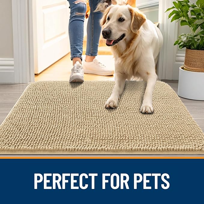 OLANLY Dog Door Mat for Muddy Paws 34x21, Absorbs Moisture and Dirt, Absorbent Non-Slip Washable Doormat, Quick Dry Chenille Mud Mat for Dogs, Entry Indoor Entryway Carpet for Inside Floor, Beige