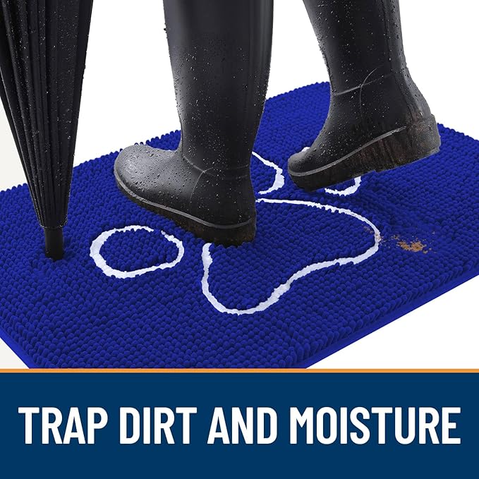 OLANLY Dog Door Mat for Muddy Paws 36x24, Paw Print Design, Absorbs Moisture and Dirt, Non-Slip Washable Doormat, Quick Dry Chenille Mud Mat for Dogs, Entry Indoor Entryway Carpet, Royal Blue