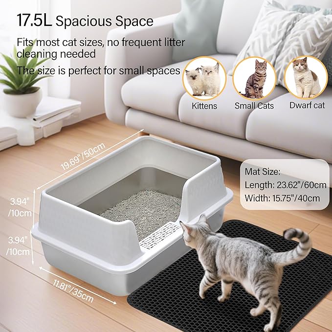 Medium Low Entry Enclosed Stainless Steel Cat Litter Box with lid Scoop and Pads Easy Clean Kitten Kitty White Metal Litter Box