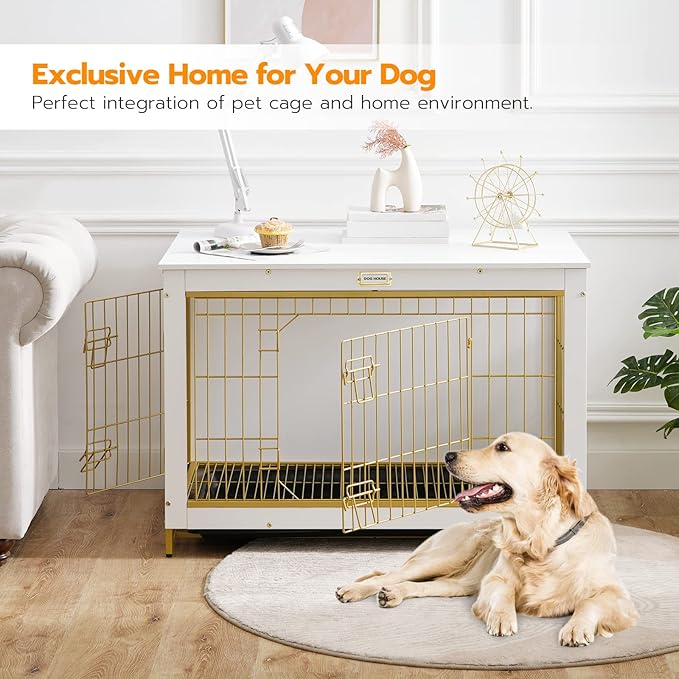 HOOBRO Dog Crate Furniture, 38.6" Large Dog Kennel Indoor, Wooden Cage with Pull-Out Tray, Double Doors Pet House Side End Table for Large/Medium/Small Dogs, White DW982GW03