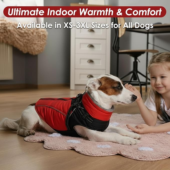 ASENKU Reflective Dog Coat with Built-in Harness, Windproof Fleece-Lined Dog Jacket for Small, Medium, Large Dogs, Warm Winter Vest with Turtleneck & Zipper (Red 2XL)