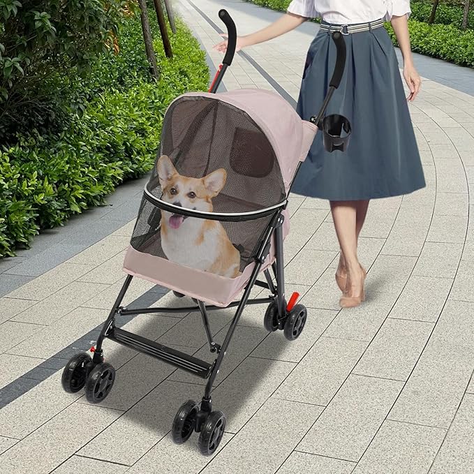 Pet Stroller, Foldable Pet Stroller with Weather Cover, Dog Cat Strolling Cart with 360° Wheels & Brakes for Small and Medium-Sized Dogs or Cats (Pink)