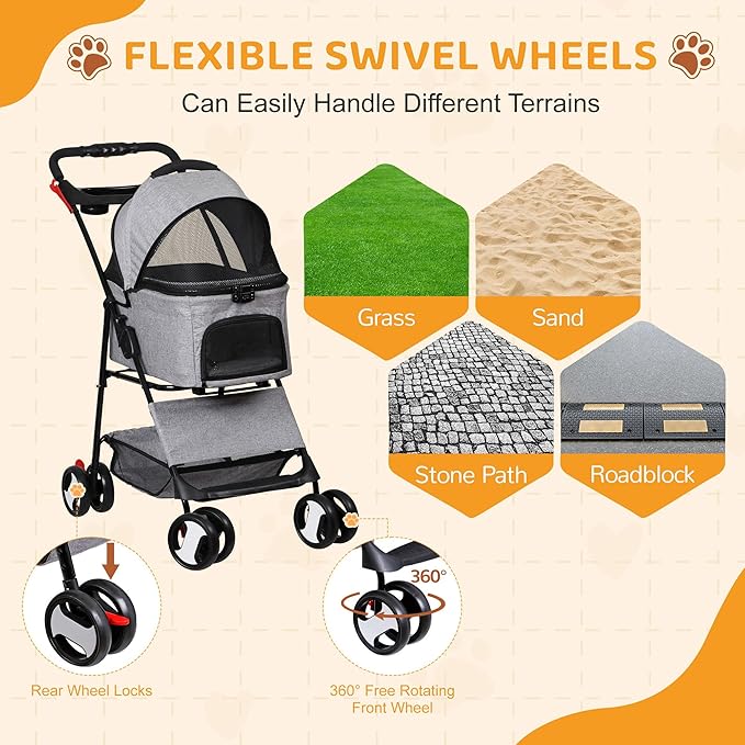 ZENY Pet Stroller, 3 in1 Foldable Dog Cat Jogger Stroller with 4 Wheels, Detachable Basket and Cup Holder, Travel Folding Carrier for Small/Medium Pet