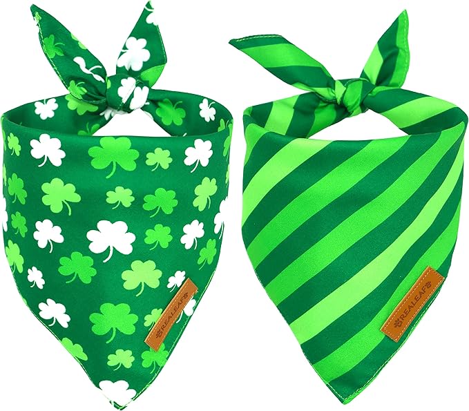 Realeaf St. Patrick's Day Dog Bandanas 2 Pack, Triangle Reversible Pet Scarf for Boys and Girls, Premium Durable Fabric, Holiday Bandana for Medium and Large Dogs (Large)