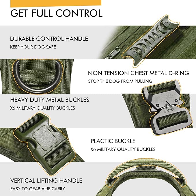 Tactical Dog Backpack Harness for Large Breed Original Design Metal Buckle Vest with Side Bags Pouches for Service Working Training (Green(Vest only), M)