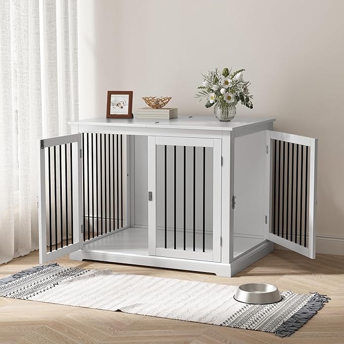 Dog Crate Furniture with Cushion, Dog Crate End Table Large, Indoor Dog Kennel, Dog House, Dog Cages for Large Dogs, Furniture Style Dog Crate with Flip-top, Chew-Proof Metal Bars, White