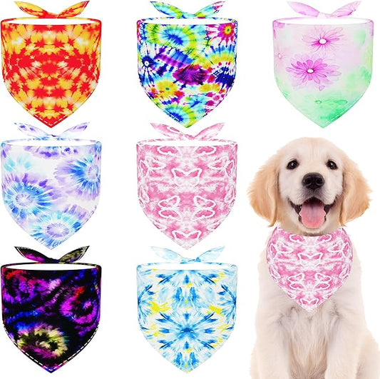 7 PCS Medium Tie Dye Dog Bandanas Hemming Seam Edge Dog Bandana for Small Dogs Print One Side Large Cats Scarfs Party Grooming M