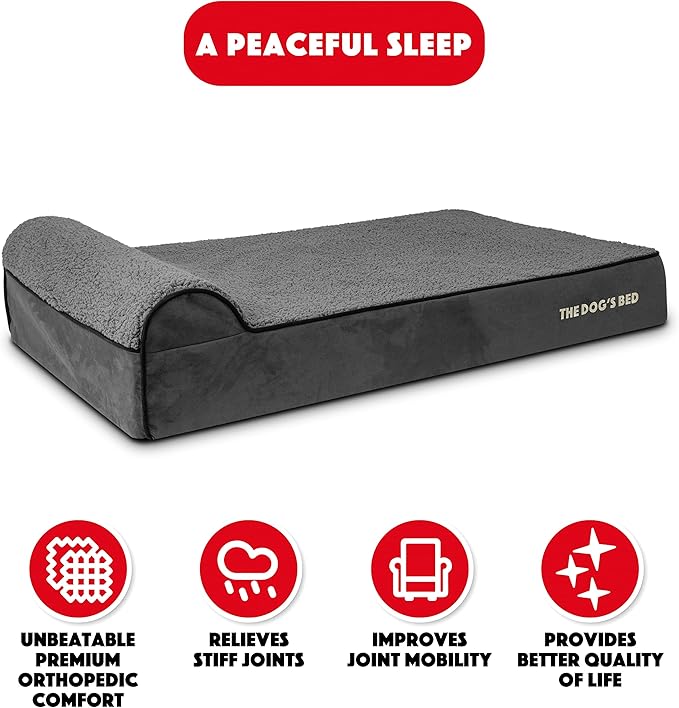 The Dog’s Bed Orthopedic Headrest Dog Bed XL Grey Plush, Memory Foam, Pain Relief for Arthritis, Hip & Elbow Dysplasia, Post Surgery, Lameness, Waterproof Washable Cover