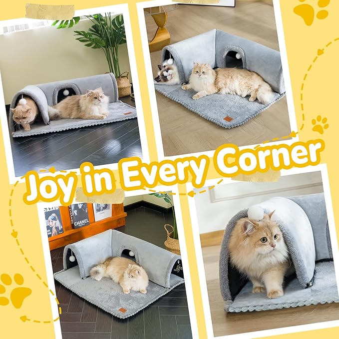 CATISM Cat Bed with Tunnel - Cat Beds for Indoor Cats 3-Way Ports 3 Toys, Soft Cave, Large Tunnel, Detachable Rug, Non-Slip Bottom Carpet for Kitten Ferrets Small Animals