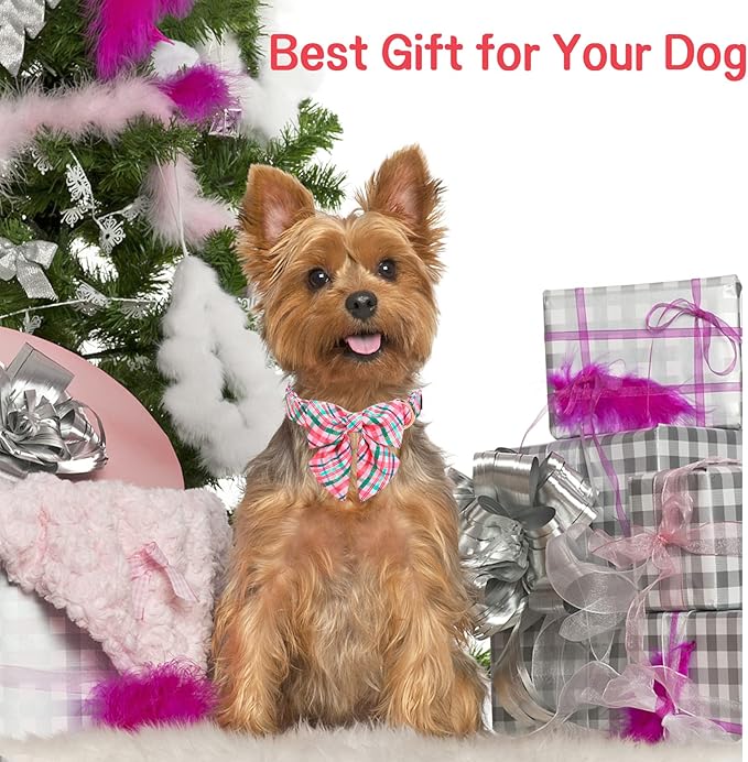 Unique style paws Dog Collar with Tie Pink & Green Plaid Dog Collar Best Gifts for Small Medium Large Dogs -M