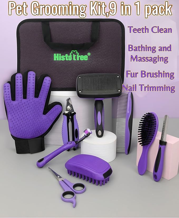 Pet Hair Grooming Tool Kit-9 Packs Dog Cat Grooming Kit Pet Dog Cat Grooming Supplies Washing Gloves Slicker Brush Kit Nail Grider Trimming Tools Pet Toothbrush Comb and Grooming Scissors Set