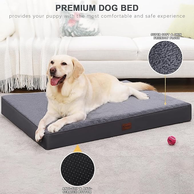 MIHIKK Waterproof Dog Beds Large Sized Dog Orthopedic Dog Beds for Crate with Removable Washable Cover Egg-Crate Foam Pet Pad Mat with Anti-Slip Bottom, 41x27 Inch, Grey