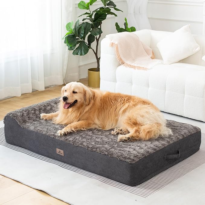 Jumbo Orthopedic Dog Bed for Large Dogs - 7-inch Thick Memory Foam Dog Bed with Pillow Removable Cover Machine Washable (Dark Gray | Textured Plush), 50''L x 34''W x 10''Th I Extra Large
