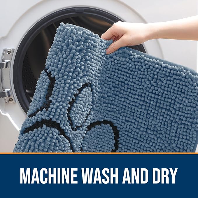 OLANLY Dog Door Mat for Muddy Paws 30x20, Paw Print Design, Absorbs Moisture and Dirt, Non-Slip Washable Doormat, Quick Dry Chenille Mud Mat, Entry Indoor Entryway Carpet, Airy Blue and Black