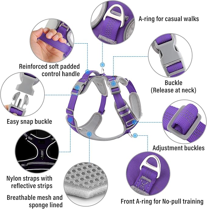 Plutus Pet No Pull Dog Harness, Release at Neck, Reflective Adjustable Dog Vest Harness, Easy Control Handle for Walking, for Small Medium Large Dogs, Purple, M