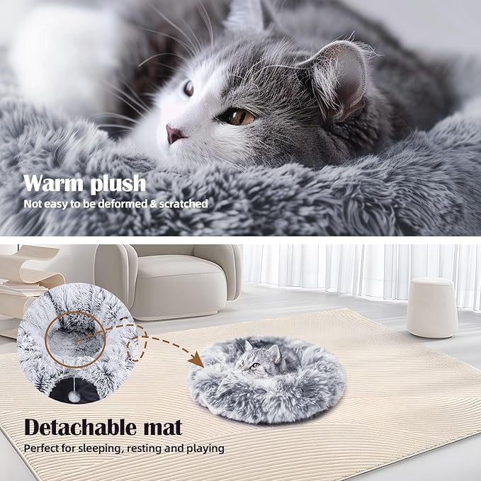 Odoland Cat Tunnel Bed with 20 Cat Toys - Indoor Plush Kitten Couch,Detachable Cats Cave Donut Tunnel & Soft Kitten Toy Set-Cozy Cat Furniture Grey