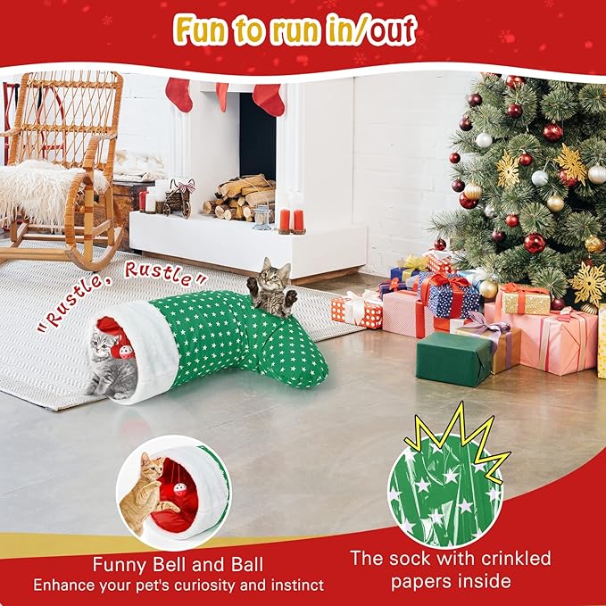 Pawaboo Cat Tunnel Christmas Sock with Bell Balls, Upgraded 2 Way Cat Tunnel Interactive Toy for Christmas, Pet Xmas Stocking with Crinkle Paper & Strong Spring-steel Frame for Cat Kitten Kitty, Green