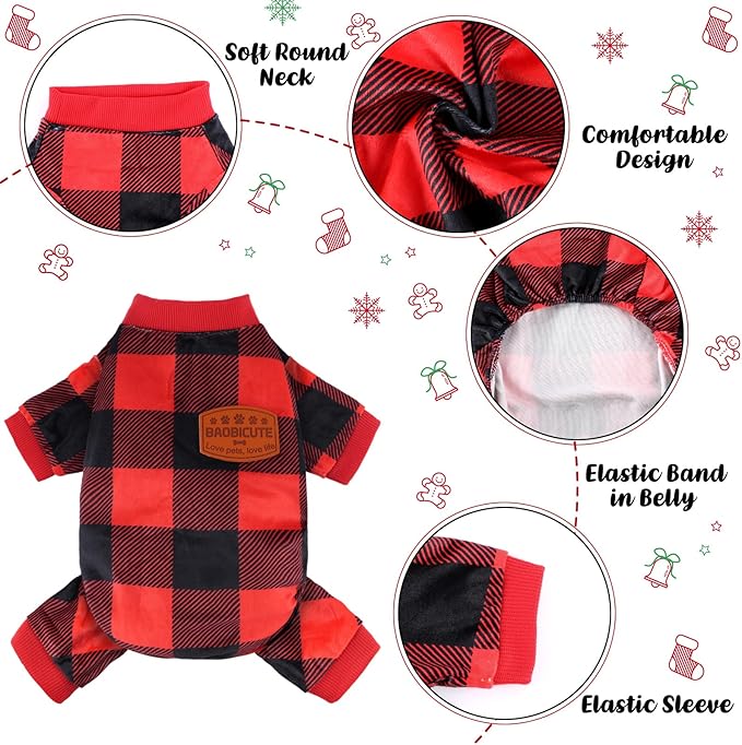 Dog Christmas Pajamas Soft Velvet Red Plaid Dog Christmas Outfit Warm Pet Winter Clothes for Small Medium Large Pet Dogs Cats