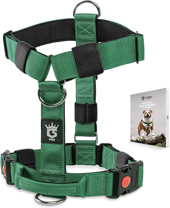 TSPRO Heavy Duty Premium Tactical Dog Harness for Large Dogs, No Pull, Adjustable Fit, Quick-Release Buckle, Padded Handle, Perfect for Hiking, Walking, Running & Training (Green L 25)