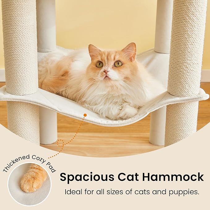 Modern Cat Tree - 64 inch Cat Tower for Indoor Cats, Multi-Level Cat Condo with 7 Fully Wrapped Scratching Posts, 2 Perches, Hammock, Removable Pad & Dangling Balls-Light Brown