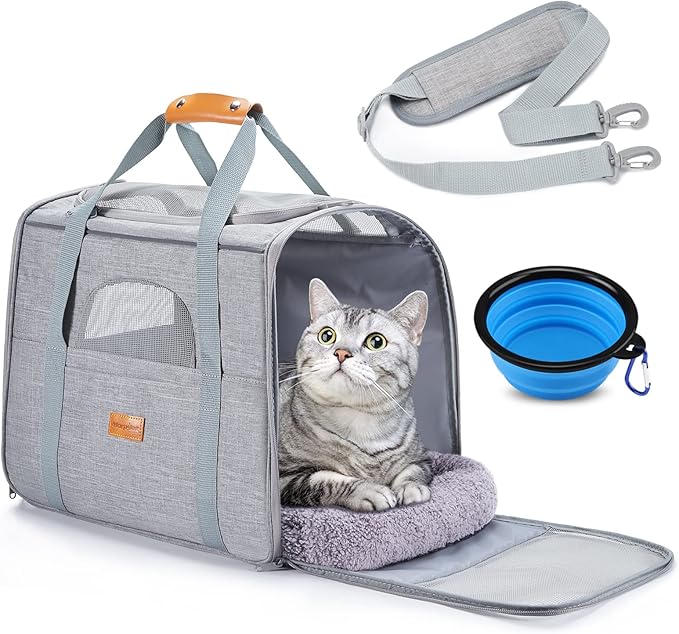 Morpilot Portable Cat Carrier - Soft Sided Cat Carrier for Medium Cats and Puppy up to 15lbs, Pet Carrier with Locking Safety Zippers, Foldable Bowl, Airline Approved Travel Dog Carrier - Light Gray