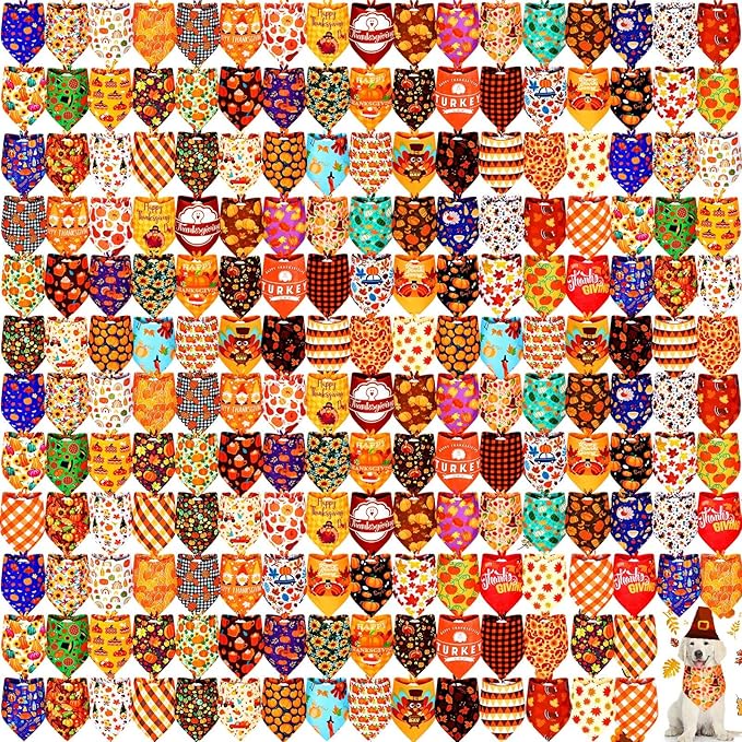 Newwiee 200 Pcs Fall Dog Bandanas Bulk Thanksgiving Bandanas for Dogs Pumpkin Bibs Triangle Handkerchief Adjustable Pet Scarf Thanksgiving Triangle Handkerchief Soft Dog Kerchief for Large Dogs