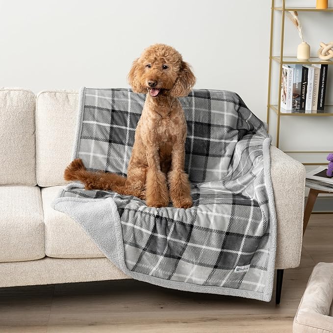 PetAmi Waterproof Dog Blanket for Small Medium Dog Puppy Cat Throw for Couch Cover Leakproof Protection, Sherpa Fleece, Reversible Soft Washable 29x40 Plaid Light Gray
